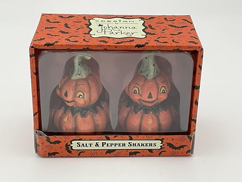 Design by Johanna Parker Halloween Ceramic Pumpkin Salt and Pepper Shaker Set Decorative Kitchen Tableware Orange Black and green. Cute Facial Expressions Can be used for Thanksgiving and Halloween