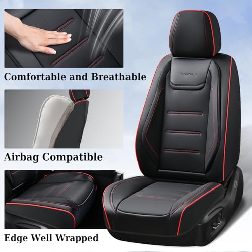 Image of Coverado Car Seat Covers Full Set, Seat Covers for Cars, Car Seat Protector Waterproof, Leather Cushion, Universal Car Interior Covers Seat Protectors for Most Cars Black-Redline