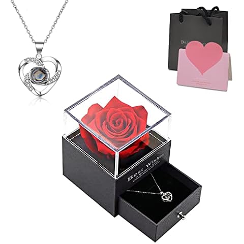 Woeau Eternal Rose Gift Box - with I Love You 925 Silver Necklace, for Couple, Birthday, Anniversary, for Mom, Grandma, Lover, Forever Rose Gift Box Cover