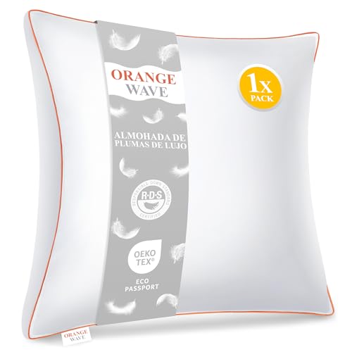 Orange Wave Almohada de Plumas 60x60 cm – Almohada de Lujo, Funda Algodón, Transpirable y Confort de Colección Hotelera, Certificada RDS y Oeko-Tex