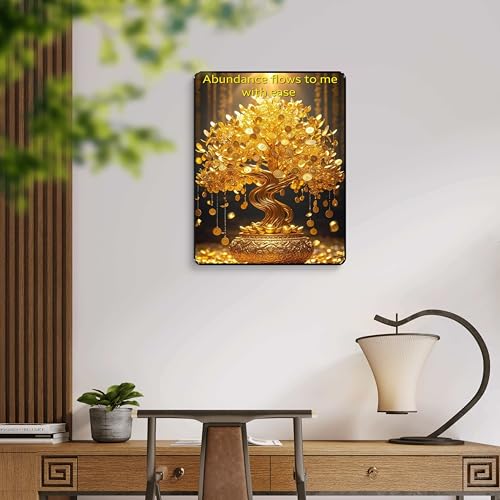 Image of SAF Abundance Flows to Me Golden Money Tree Wall Art | Sparkle Laminated Black Frame Painting for Wealth Attraction, Home Decor, Manifestation & Vastu Positive Energy (14 x 11 Inch) K-36112