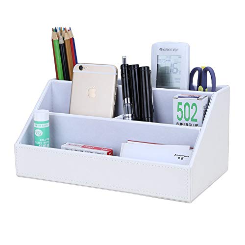 KINGFOM Leatherette Multi-Function Desk Organizer Storage Box, 5 Compartments Office Supplies Caddy, Pen/Pencil, Cell Phone, Business Name Cards, Note Paper, Remote Control Holder Organizer (White)