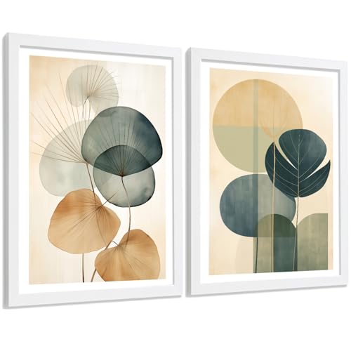 Nacnic Set De 2 Laminas Flor Botanico Verde Geometrico. Arte De Pared Botánico Boho Minimalista Posters Florales Para Dormitorio Sala De Estar Cocina A4 Marco Blanco