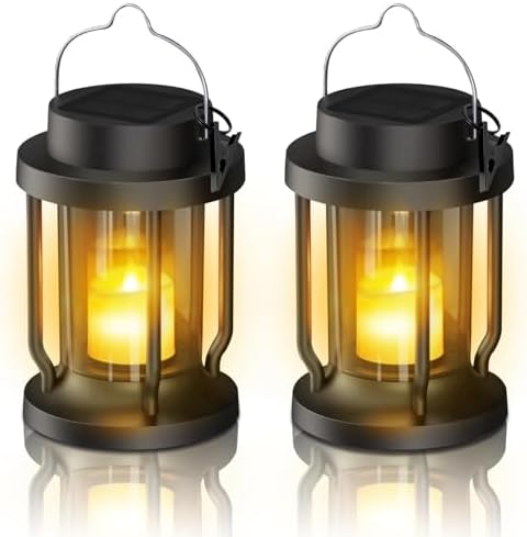 Solar Lantern Outdoor Indoor Use – Hanging Solar Lights with Realistic Flickering Flameless Candle, Weatherproof for Garden Decor, Patios, Trees, and Lawns (Black, 2 Pack)