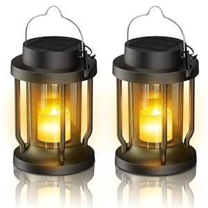 Solar Lantern Outdoor Indoor Use – Hanging Solar Lights with Realistic Flickering Flameless Candle, Weatherproof for Garden Decor, Fathers Day Gifts (Black, 2 Pack)