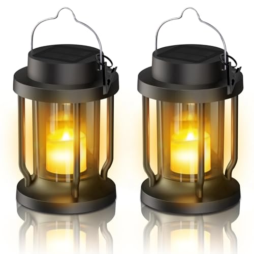 Solar Lantern Outdoor Indoor Use – Hanging Solar Lights with Realistic Flickering Flameless Candle, Weatherproof for Garden Decor, Patios, Trees, and Lawns (Black, 2 Pack)