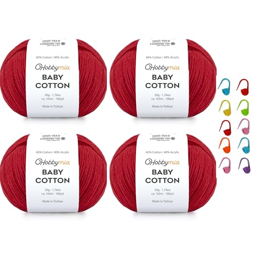 Image of Baby Cotton Blend Yarn - Soft Sport Weight Yarn for Crochet & Amigurumi - 50g /180yds - 60% Cotton 40% Acrylic - Ideal for Baby & Knitting Proj. & 10 Stitch Markers(Shiraz, 4 Balls)