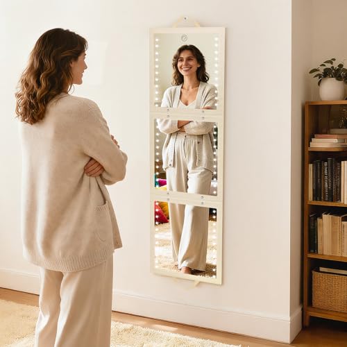 Fabuday Foldable Full Body Length Mirror with Light for Travel - Lighted Rechargeable Trifold Hanging Long Mirror, Folding Portable Tall Mirrors for Camping, RV, Dance, Dressing, Over The Door