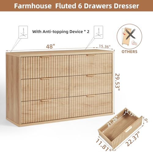 LEYAOYAO Fluted 6 Drawers Dresser for Bedroom, 48" Wide Modern Chest of Drawers with Metal Handle, Natural Curved Profile Farmhouse Closet Organizer Wood Dressers TV Stand for Living Room, Hallway