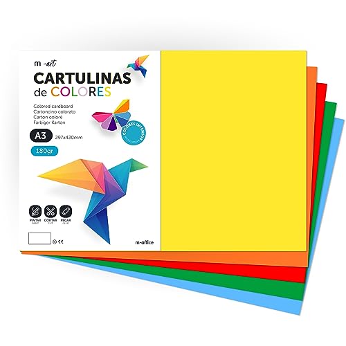 M-Office Cartulina A3 180gr - Surtido de Colores Intensos para Manualidades, Impresión de Documentos y Diseños Creativos (10 Hojas)