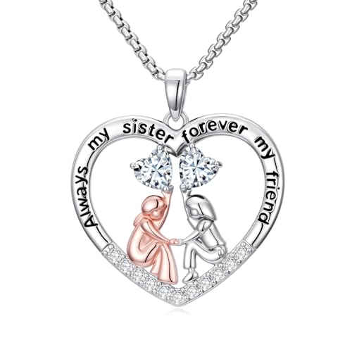 Always My Sister Forever My Friend Necklace Double Birthstone Pendant Necklace Love Heart Jewelry Christmas Birthday Gifts for Women Sister Friend