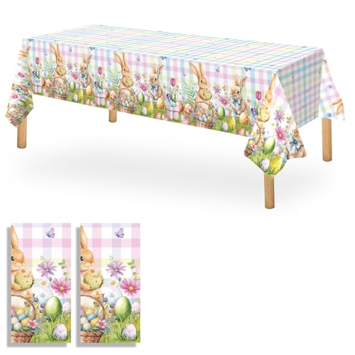 Image of OQOQ Plaid Pastel Easter Tablecloth (2 Packs) -108x54 inches Spring Easter Table Cloth Colourful Happy Bunny Disposable Waterproof Table Cover for Party Decoration Picnic Dinning Home Decor