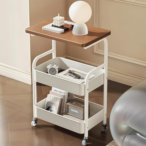 Aikenn キッチンワゴン 天板付き 調味料ラック 3段 サイドテーブル ソファテーブル ワゴンテーブル 木製棚付き 収納ワゴン 金属製収納カート【耐荷重45kg】バスケット スチールラック サイド 幅44×奥行30×高さ77cm (ホワイト)