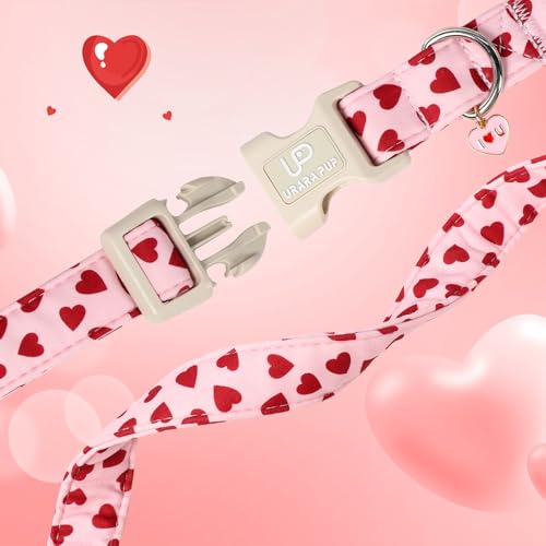Image of Valentine's Dog Collar, UP URARA PUP Pink Love Heart Adjustable Pet Collar with Bowknot Charm, Adorable Wedding Dog Accessories for Small Medium Large Dogs