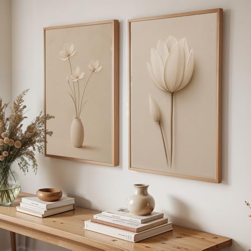 Image of NoWorries Minimal Lotus Flower Wall Painting Set of 2 with Frame | Soft White Floral & Vase Botanical Artwork, Neutral Beige Nature Wall Decor for Living Room, Bedroom, Office and Home Decoration (Art-5, 10x13inch)