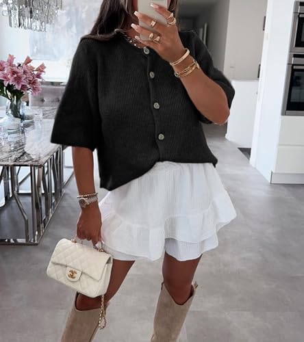 Image of Women Knitted Crop Cardigan Blouse Short Sleeve Button Down Sweater Shirt Y2k Open Front Cardigan Top Streetwear