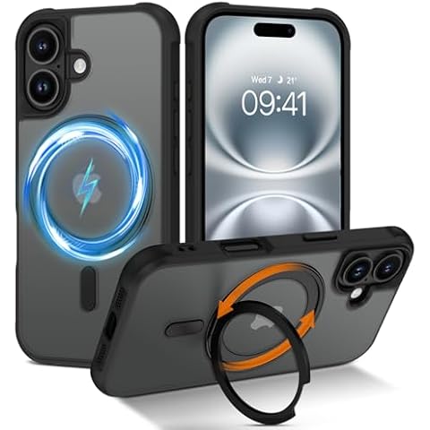 Telaso Magnetic for iPhone 16 Plus Case, Compatible with Magsafe with 360° Rotatable Magnetic Stand Ring Holder, Translucent Matte Back Soft TPU Bumper Military Grade iPhone 16 Plus Case, Black Cover