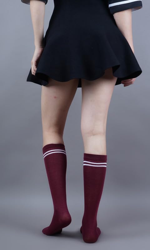 WKLOUYHE Maroon With White Stripes Design Knee Length School Cotton Socks for Boys & Girls_Pack Of 04(StripWht-Maroon,16-17 Years) 4