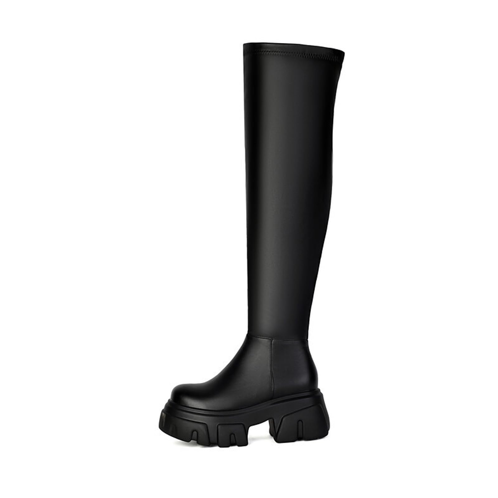Botas de Montar hasta la Rodilla con Plataforma para Mujer, Botas de Motociclista con Cremallera Lateral y Punta Redonda, Botas de Moda para otoño e Invierno a Media Pantorrilla,Negro,38 EU