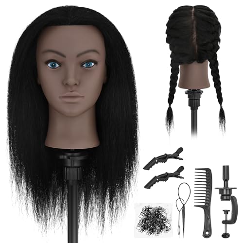 Tête de mannequin afro 100% cheveux humains noirs de 45 cm avec pince
