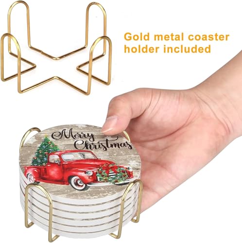 Image of Red Truck Christmas Coasters with Holder, 6 Pieces Round Wood Coasters Set, 4 Inch Vintage Holiday Drink Coasters with Merry Christmas Design, Gold Metal Holder, Absorbent Table Decor