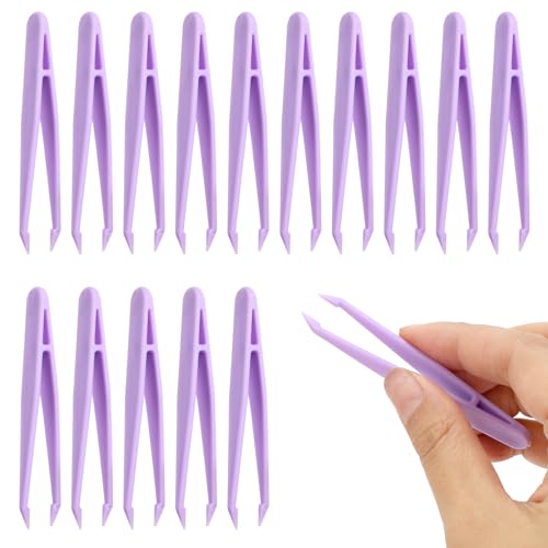 Trinkrittey 15 Pcs Tweezers for Crafting 3.14 inch Plastic Tweezers Beads Tweezer for DIY Jewelry Making Crafts Handmade Beading Project Picking and Placing Beads(Purple)