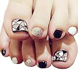 Fstrend Silver Sequin False Toenails Black White Geometric Lines Fake Nails for Toe Acrylic 24Pcs Fa
