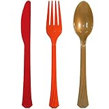 Tiger Chef Red Orange Gold Thanksgiving Flatware Party Supplies, Heavyweight Colored Plastic Silverware Includes 96 Forks, 96 Teaspoons, and 96 Knives (Thanksgiving, 288)