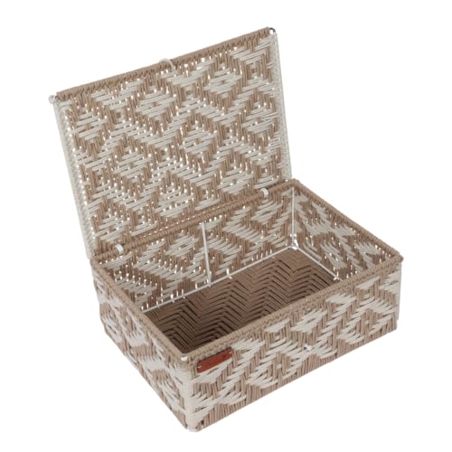 Image of Kaahira Handmade Decorative Storage Box and Organiser | Macrame Gift Hamper Box for Cosmetics, Toiletries & Return Gifts | Aesthetic Rope Woven Organizer (Beige and White, Large - 14x10x4)