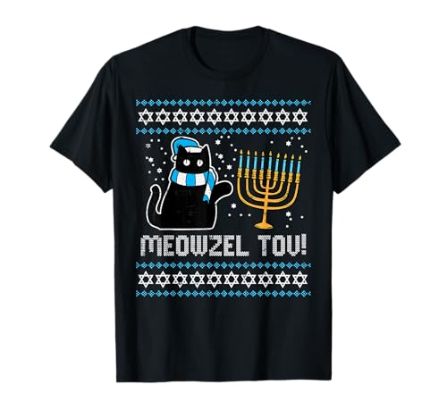 Meowzel Tov Black Cat Funny Hanukkah Chanukah Uomini Donne Bambini Maglietta