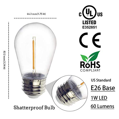 Jslinter S14 1W Outdoor String Lights Bulbs Led, Shatterproof & Waterproof, Ul Listed, 2200K Warm White, 11W Equivalent, E26 Base, Edison Vintage Style Replacement For Patio Garden, 16-Pack #TOP1