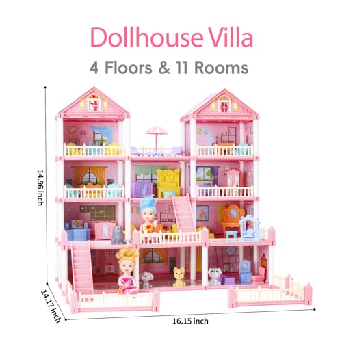 Dollhouse with 4-Story 11 Rooms,Princess Dream Gift Doll House Playset with 4 Dolls 2 Pet,DIY Pretend Playhouse with Stairs and Furniture,Christmas Toy Gift for Girls Ages 3 4 5 6 7 8 9 10 Year Old