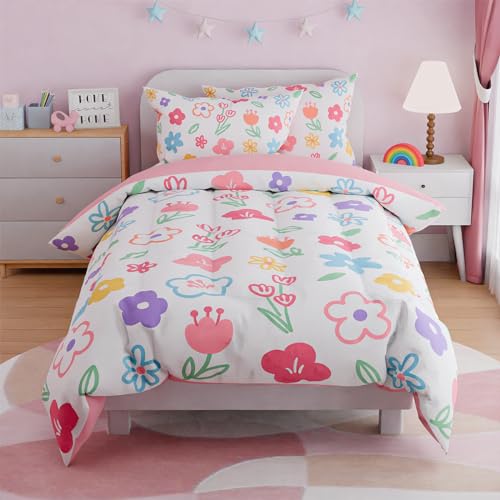Image of SANDJEST Floral Twin Bedding Sets for Girl, Ultra Soft Microfiber Comforter Bed Set with 3-Pieces, Flower Comforters Sets for Kids Children Girl Teen Tween Bedroom Decor