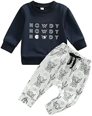 LXXIASHI Western Baby Boy Clothes Crewneck Sweatshirt Cow Print Top Pants Set 2Pcs Cowboy Outfits Fall Winter Clothes Set