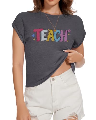 Image of Womens Crop Tops Summer Roll Cap Sleeve Cropped Tshirt Loose Fit Basic Tees