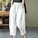 Summer Fashion Womens Cotton Linen Bottoms Solid Patchwork Elastic Pants with Pockets Straight Wide Leg Loose Trousers White
