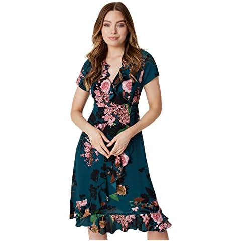 Izabel London Floral Long Sleeve Wrap Dress for Women UK with v-Neck, Long Sleeves and Frilled midi Skirt. Emerald Cover