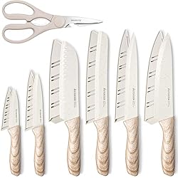 Astercook Knife Set, 13 Pieces Kitchen Knives Set with Ceramic Coating, Stainless Steel Chef Knife Sets with 6 Blade Guards, Dishwasher Safe Knives with Wooden Handle, Elegant White