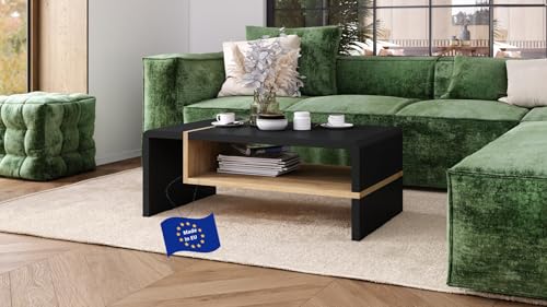 Folk Couchtisch Schwarz matt / Eiche Gold 100x60x40 cm mit praktischer extra Ablage modern stabil vielseitig als Wohnzimmertisch Beistelltisch Sofatisch zeitloses Design platzsparend Wohnzimmer