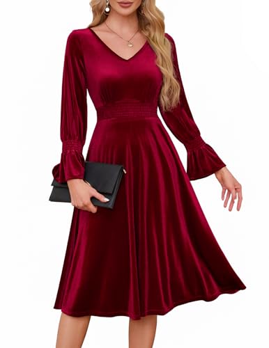 Meetjen Womens Velvet Dress 2025 Long Sleeve Formal Cocktail Party Midi V Neck Wedding Guest Dresses Dark Red S