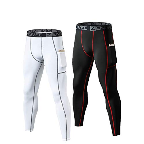 HUAKANG 2 Pack Legging Homme Sport Baselayer Quick Cool Dry Pantalon De Compression avec Poches Longs Leggings De Sport pour Gym Running (0909-Black White-L) Cover