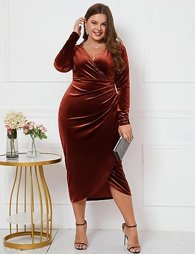 Image of ZOMVA Plus Size Velvet Wrap Dress Ruched Bodycon Dress Long Sleeves Ruffle Long Elegant Party Wedding Guest Cocktail Holiday