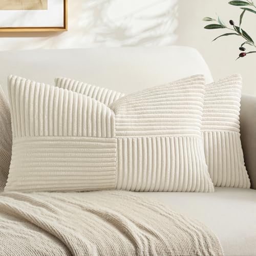 Image of MIULEE Cream White Decorative Throw Pillow Covers 12x24 Inch for Couch Bed Sofa Pack of 2 Beige Neutral Boho Farmhouse Throw Pillows Soft Cross Corduroy Patchwork Textured Cushion Cases