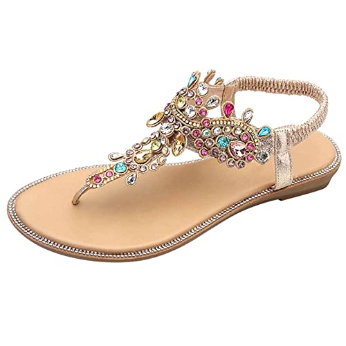 Sandales confort avec bride cheville élastique chaussures plates femmes été bohème or 39