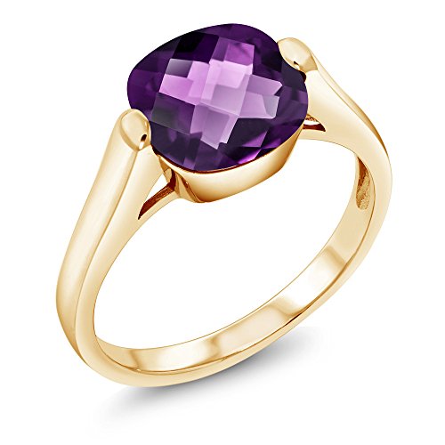 Gem Stone King 18K Yellow Gold Plated Silver Purple Amethyst Women Engagement Ring (3.45 Ct Cushion Checkerboard Cut, Gemstone Birthstone, Available in size 5, 6, 7, 8, 9)2