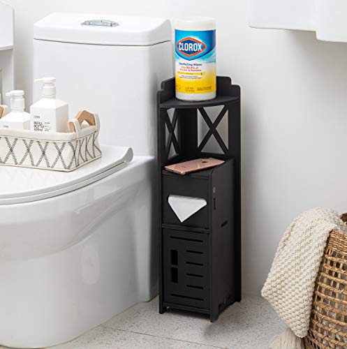 Narrow Bathroom Cabinet,Tiny Nightstand for Bedroom,Corner Bathroom Storage Cabinet for Half Bath, Corner Floor Cabinet for Small Spaces,Black Toilet Paper Holder Stand for Small Bathroom by TuoxinEM