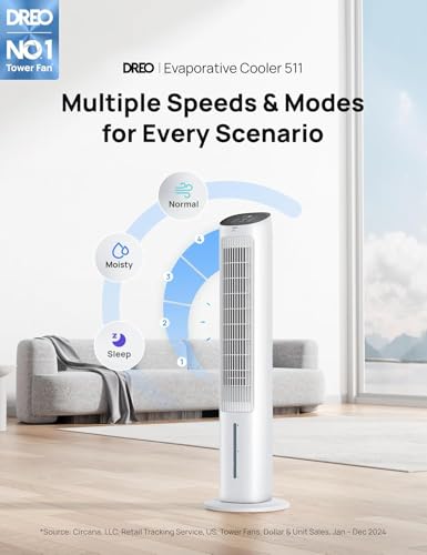 Image of DREO Tower Fan for Bedroom, 40 inch Evaporative Air Cooler, Cooling Fans That Blow Cold Air with 80 Oscillating, Removable Water Tank, 3 Modes 4-Speed, Remote Control, Quiet Floor Fan, White and Black