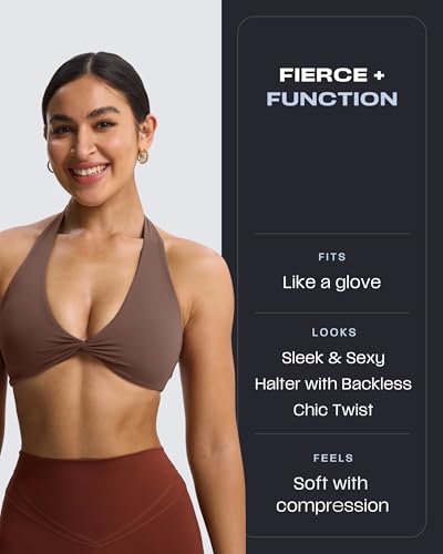 Image of Aoxjox Women's Rosie Halter Sports Bra | halter neck, removable padding, medium impact, workout top, fitness yoga crop tank, gym essential