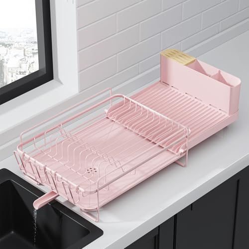 Image of Kitsure Extendable Dish Drying Rack, 19.2 inch-26.7 inch L x 12.9 inch W, Pink | Large Dish Rack, Multifunctional Dish Rack for Kitchen Counter, Anti-Rust Dish Drainers with Cutlery & Cup Holders