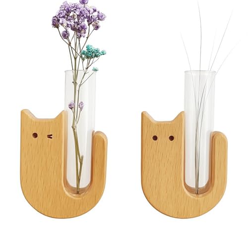 Imán de Gato, Mini imán de jarrón, Soporte Decorativo de Madera, Inserto de Tubo de Vidrio, decoración del hogar, Cocina, para Amantes de Las Plantas, 4,5 x 6 x 2,2 cm, 2 Piezas